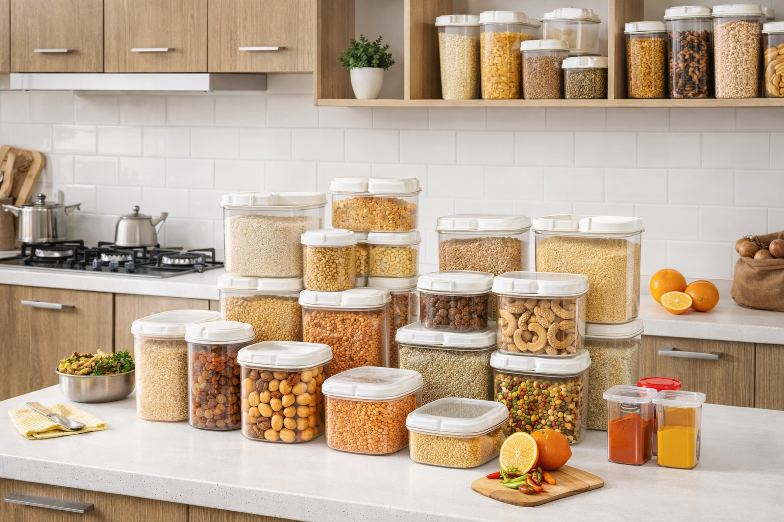 Organized kitchen with airtight food storage containers